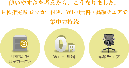 月極指定席ロッカー付き・Wi-Fi無料・高級チェアで集中力持続